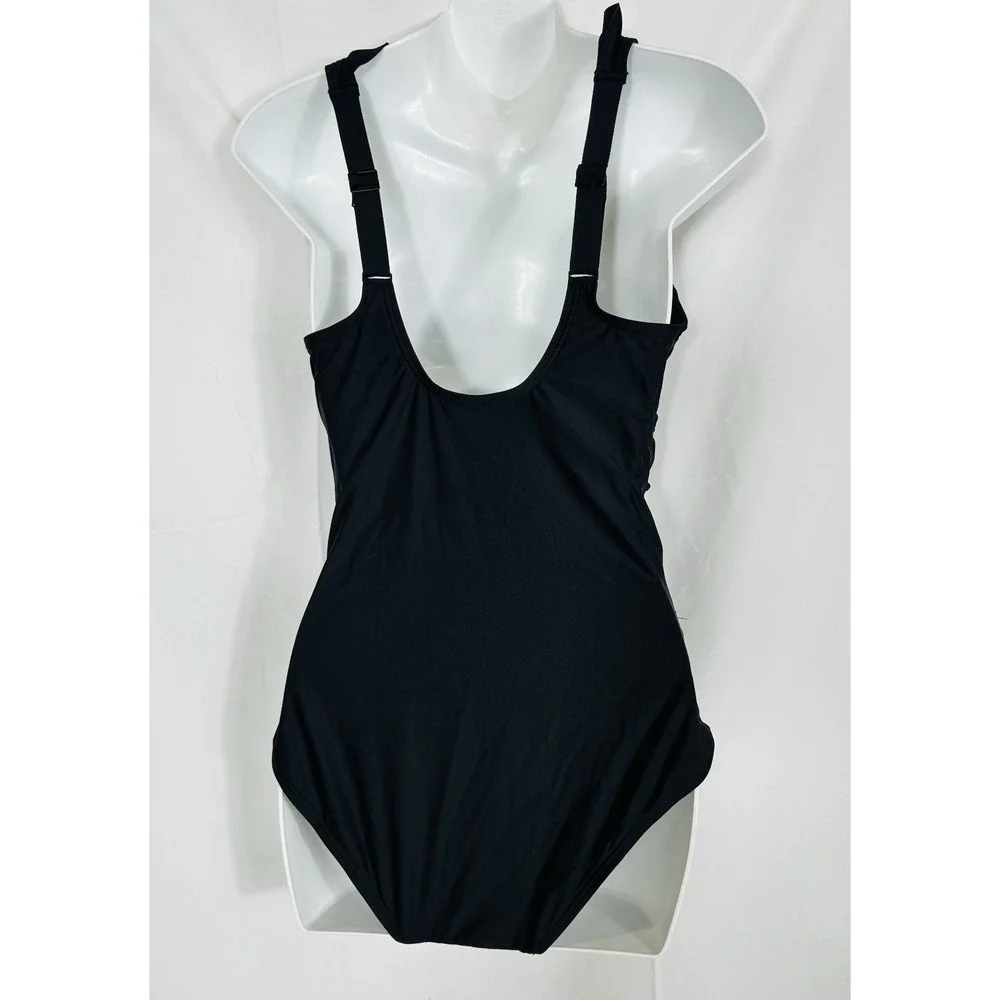 DKNY Womens‎ Ruffle Plunge V-Neck One Piece Swimsuit Solid Black Size M NWT - Picture 4 of 8